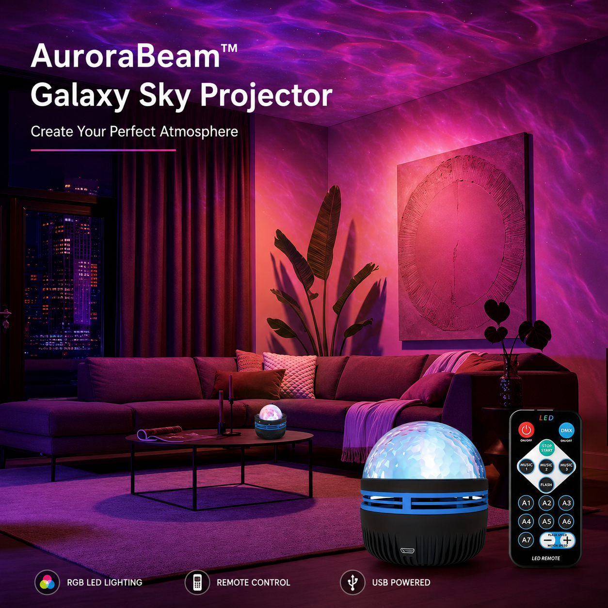AuroraBeam™ Galaxy Sky Projector – RGB Aurora Light with Remote
